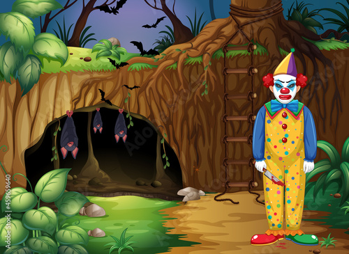 Dark forest scene with creepy clown cartoon character