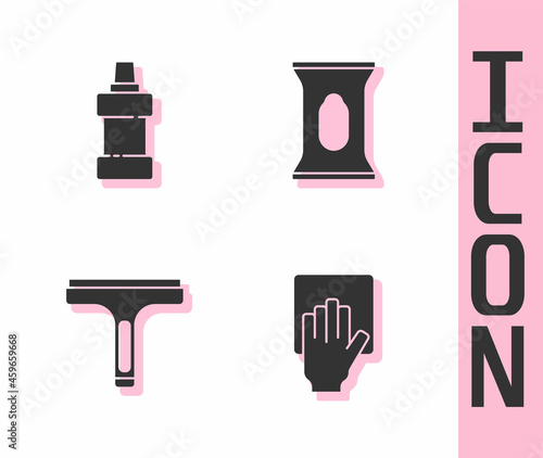 Set Cleaning service, Bottle for cleaning agent, Rubber cleaner and Wet wipe pack icon. Vector