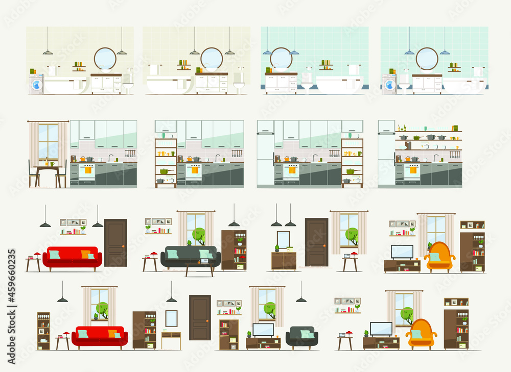 set with interiors, bathroom, living room and bedroom, flat vector illustration of rooms with furniture set with interiors, bathroom, living room and bedroom, flat vector illustration of rooms with furniture