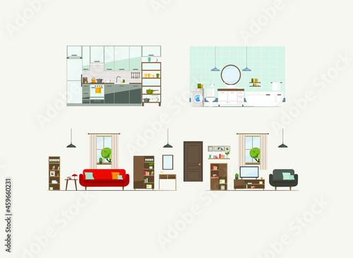 set with interiors, bathroom, living room and bedroom, flat vector illustration of rooms with furniture