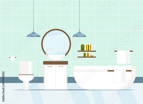 bathroom interior with bath  toilet  washbasin  mirror  shelves  towels. flat vector illustration