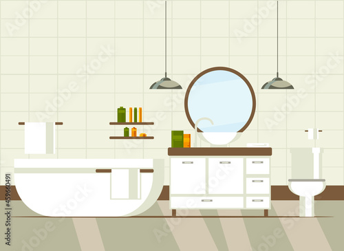 bathroom interior with bath, toilet, washbasin, mirror, shelves, towels. flat vector illustration