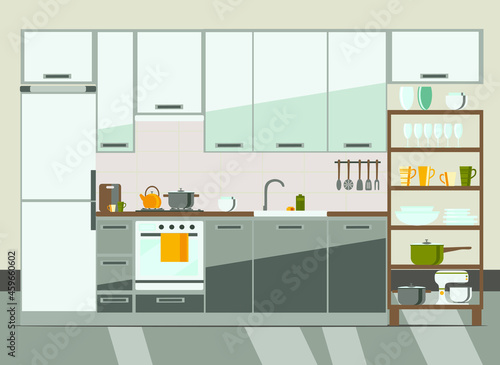 kitchen interior with furniture and equipment , flat vector illustration