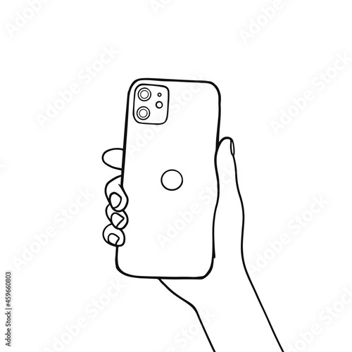 Back of the phone in hand on an isolated white background. Vector illustration hand drawn sketch