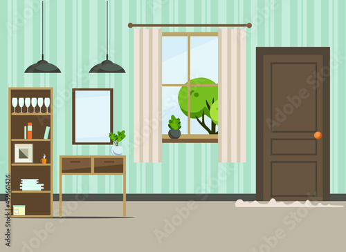 living room interior with furniture  (sofa, window, table, shelves with books and home flowers, floor lamp). flat cartoon vector illustration