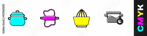 Set Cooking pot, Rolling pin on dough, Citrus fruit juicer and icon. Vector