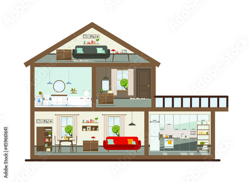 House in a cut. Detailed modern home interior. rooms with furniture. flat vector illustration