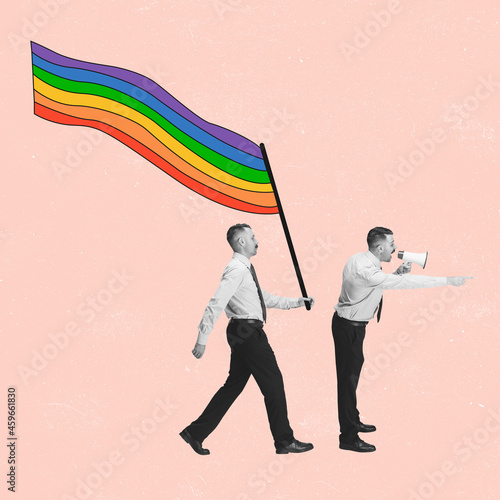 Contemporary art collage of male holding lgbt flag. Support and equality concept photo