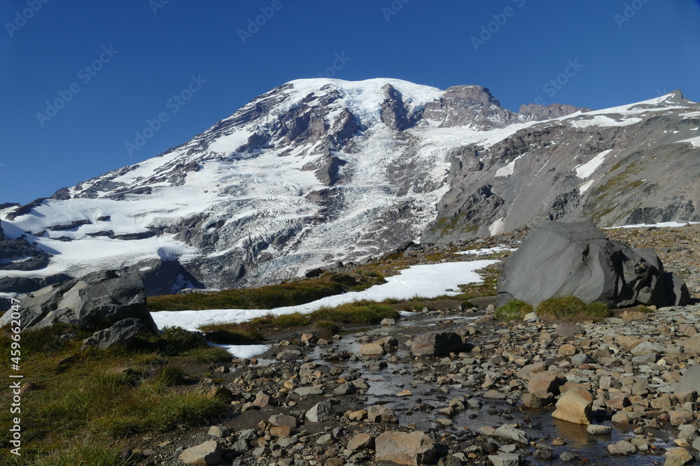 Mount Rainier also known as Tahoma or Tacoma, is a large active stratovolcano in Washington, United States