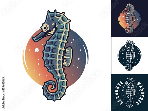 Seahorse with sky for sea print. Nautical sea horse for sticker. Ocean design for wanderlust and adventure, explore