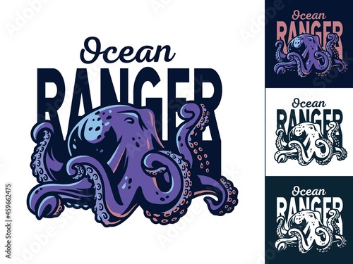 Octopus creepy monster or kraken. Nautical tentacle for sticker and sea print. Ocean design for wanderlust and adventure, explore