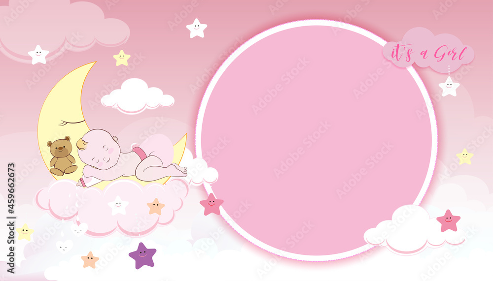 Baby shower card,Cute little girl sleeping on crescent moon, milk bottle and teddy bear on pink Sky and Clouds layers background,Vector Paper cut cloudscape backdrop with copy space for baby's photos Baby shower card,Cute little girl sleeping on crescent moon, milk bottle and teddy bear on pink Sky and Clouds layers background,Vector Paper cut cloudscape backdrop with copy space for baby's photos