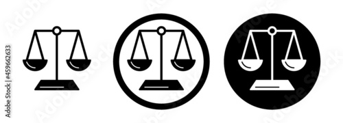 Scale icon. Scales of justice flat icon. Vintage scale in balance and equilibrium. Vector icon of justice scales collection design. Scale botton set. Vector illustration isolated on white backgroud.