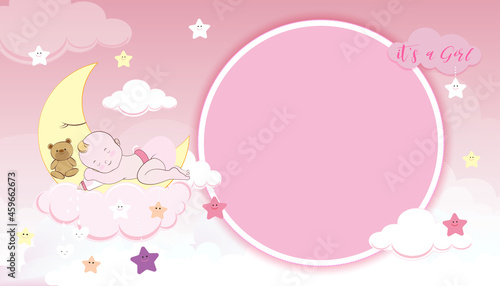 Baby shower card,Cute little girl sleeping on crescent moon, milk bottle and teddy bear on pink Sky and Clouds layers background,Vector Paper cut cloudscape backdrop with copy space for baby's photos
