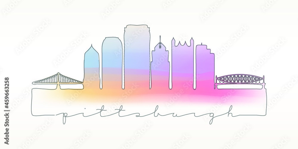 Pittsburgh, PA, USA Skyline Watercolor City Illustration. Famous Buildings Silhouette Hand Drawn Doodle Art. Vector Landmark Sketch Drawing.