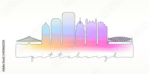 Pittsburgh  PA  USA Skyline Watercolor City Illustration. Famous Buildings Silhouette Hand Drawn Doodle Art. Vector Landmark Sketch Drawing.