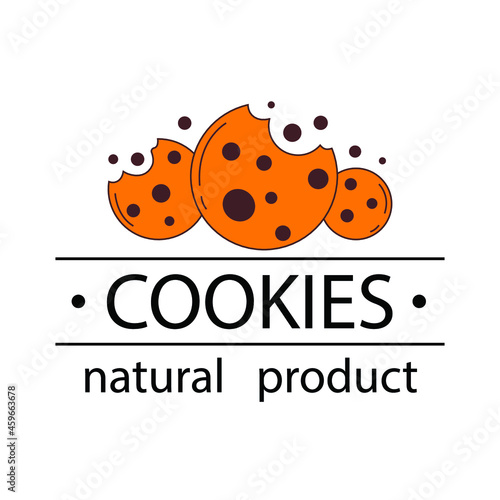  3 light beige Cookies logo hand lettering with lines, natural product. Vector digital illustration. Chocolate Chip Logo. Bitten. Flat Style for a business product, Web page, banner, Flyer, Sticker.