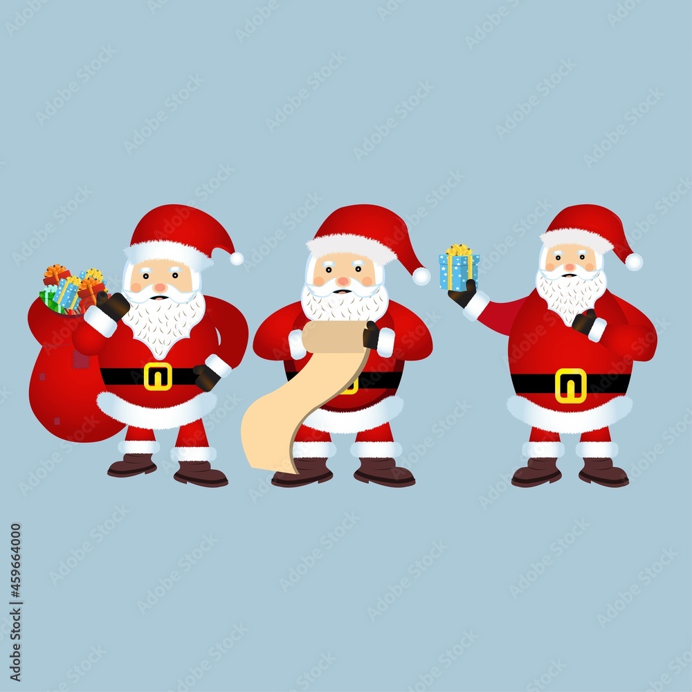 Christmas set of Santa Claus vector design on a rusty light blue background. Santa Claus elements design collection with a blue color gift. Santa Clause vector illustration for the Christmas event.Chr Christmas set of Santa Claus vector design on a rusty light blue background. Santa Claus elements design collection with a blue color gift. Santa Clause vector illustration for the Christmas event.Chr