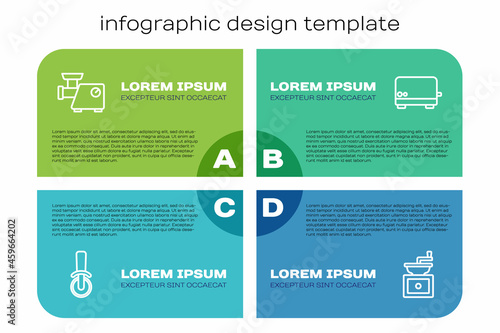 Set line Pizza knife, Kitchen meat grinder, Manual coffee and Toaster. Business infographic template. Vector