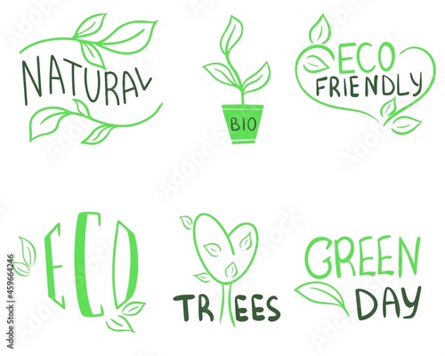 Set of handwritten eco and organic icons vector illustration. Green symbols are forgotten about nature and the planet. Eco friendly handcrafted images.