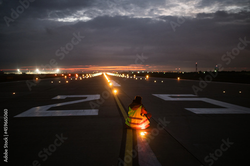 airport runway lights in the evening