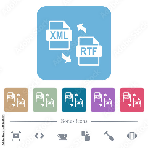 XML RTF file conversion flat icons on color rounded square backgrounds