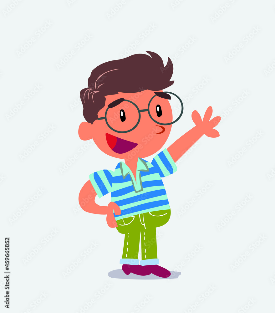 cartoon character of little boy on jeans explaining something while pointing.