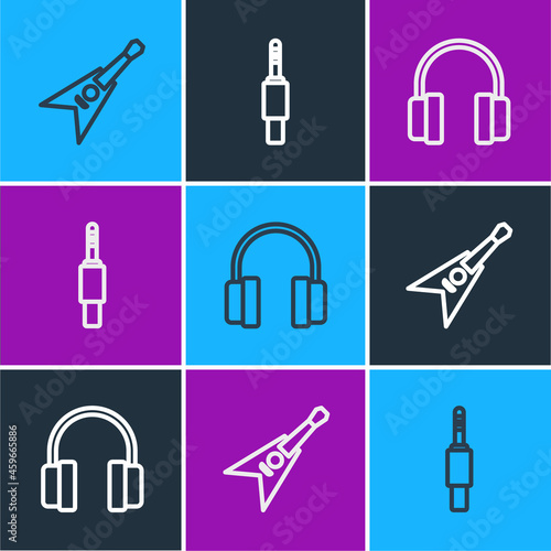Set line Electric bass guitar, Headphones and Audio jack icon. Vector