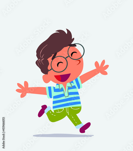 cartoon character of little boy on jeans running euphoric.