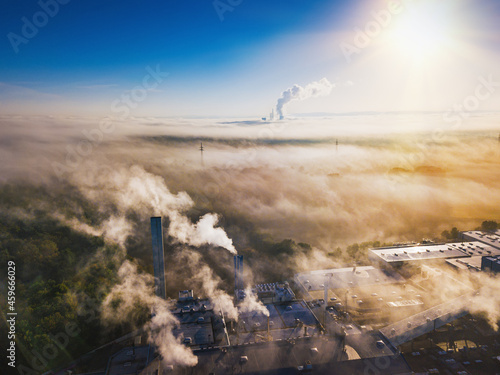 Принти на полотні Propellant effect- nature and industry - misty landscape from above with you on