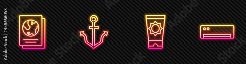 Set line Sunscreen cream in tube, Passport, Anchor and Air conditioner. Glowing neon icon. Vector