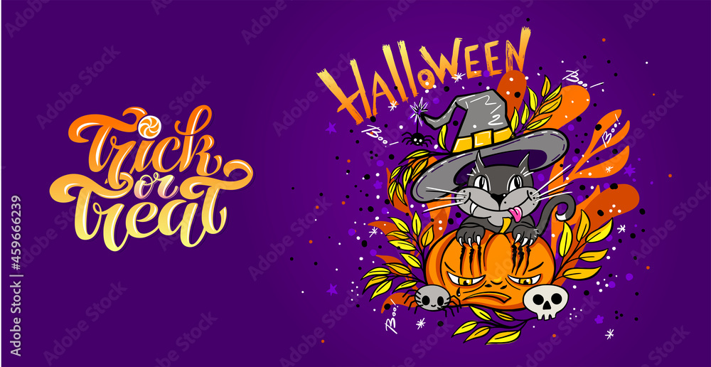 Happy Halloween vector lettering and cheerful illustration. Festive banner with calligraphy. Party invitations. Vector illustration.