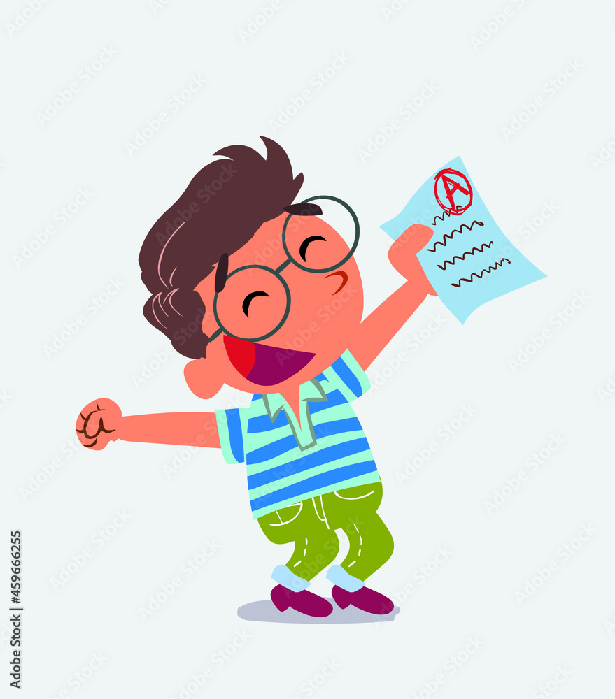 euphoric cartoon character of little boy on jeans raises his arms with exam in hand. euphoric cartoon character of little boy on jeans raises his arms with exam in hand.