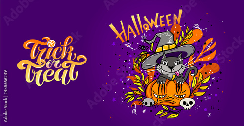 Happy Halloween vector lettering and cheerful illustration. Festive banner with calligraphy. Party invitations. Vector illustration.
