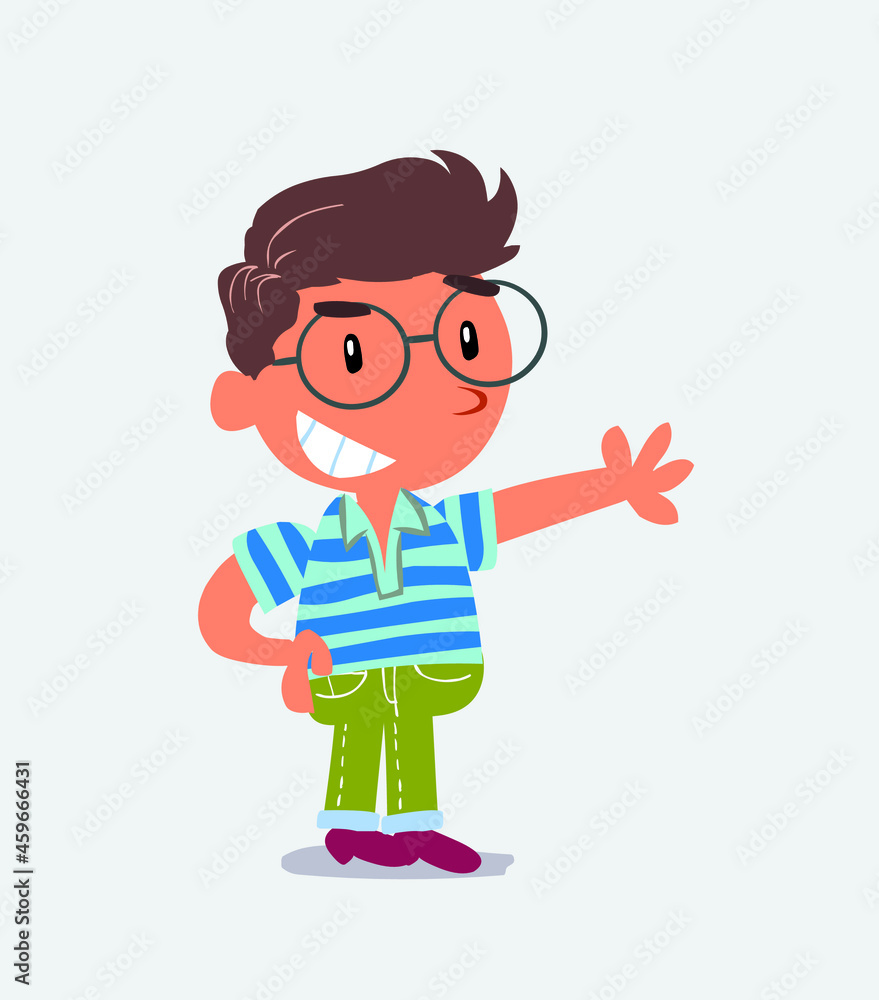 Pleased cartoon character of little boy on jeans points to something. Pleased cartoon character of little boy on jeans points to something.