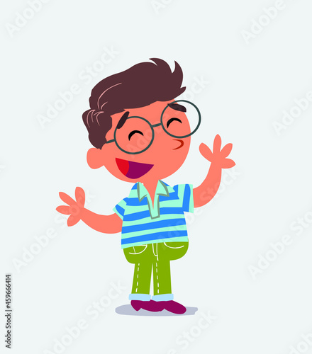 Pleased cartoon character of little boy on jeans explaining something.