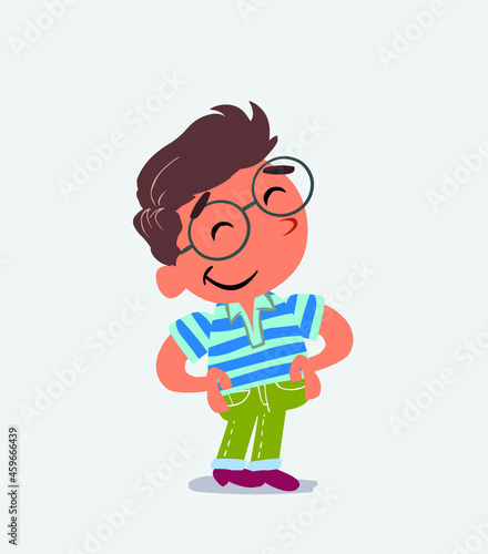 Satisfied cartoon character of little boy on jeans.