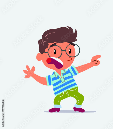 Scared cartoon character of little boy on jeans points to the side.