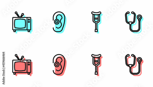 Set line Crutch or crutches, Retro tv, Hearing aid and Stethoscope icon. Vector