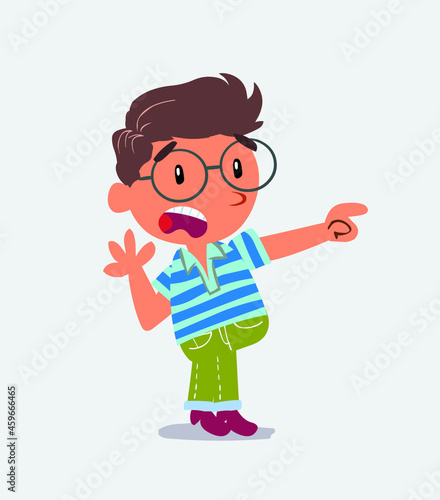 Surprised cartoon character of little boy on jeans pointing at something.