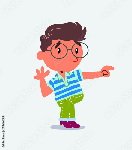 Surprised cartoon character of little boy on jeans points to something to his side.