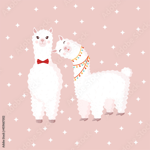 Festive couple of lamas in love on a pink background with stars. Vector illustration for valentines day, holiday, texture, textile, fabric, poster, greeting card, decor. Romantic couple of alpacas.