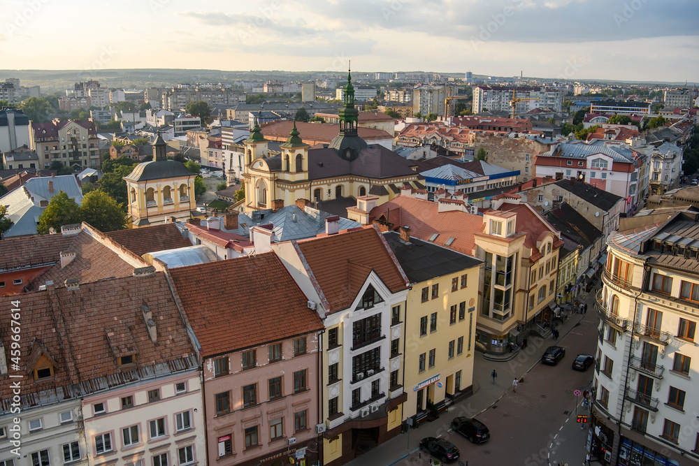 View to historic center and Roman Catholic Church of Virgin Mary from City Hall building. Ivano-Frankivsk, Ukraine