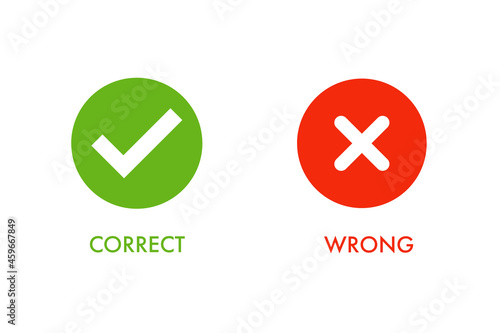 Green tick symbol and red cross sign in circle. Icons for evaluation quiz. Correct and wrong symbol. photo