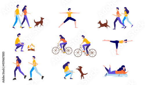 Happy men and women doing various summer activities  running  walking the dog  cycling  traveling  doing yoga. illustration.