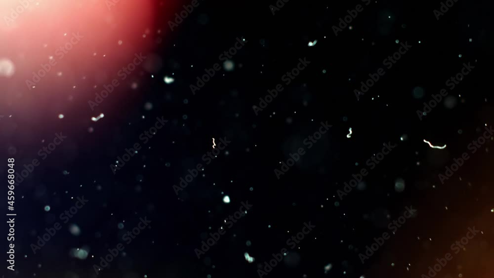 A suspension of white particles in the air with color lighting on a ...