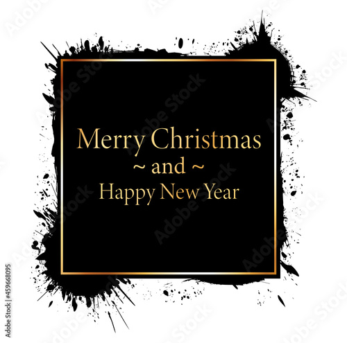 Merry Christmas and Happy New Year - gold brush painted ink stamp banner on white background 