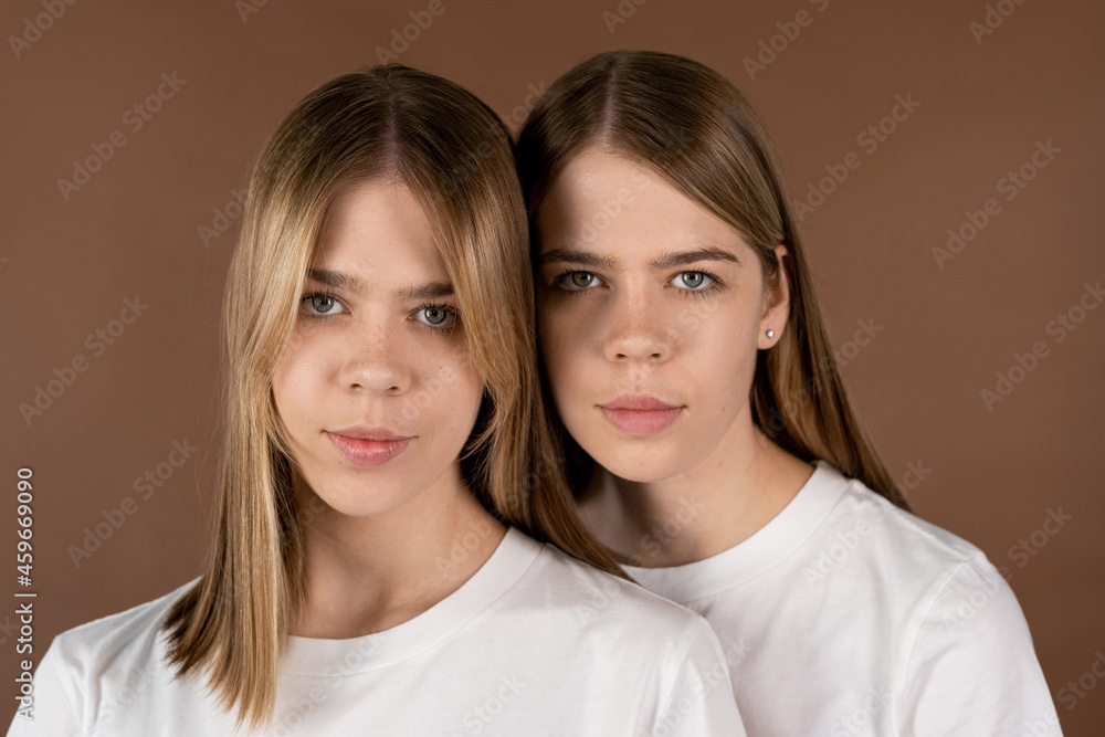 Two cute blond girls in white t-shirts standing in studio against brown background Two cute blond girls in white t-shirts standing in studio against brown background