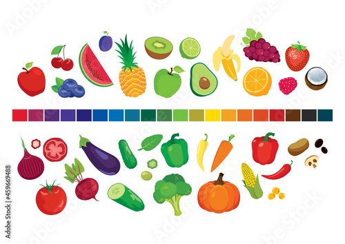 Many fruit and vegetables color palette icon set vector. Fruits and vegetables colorful mixture icon set vector isolated on a white background