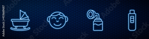 Set line Breast pump, Baby stroller, Little boy head and Pregnancy test. Glowing neon icon on brick wall. Vector